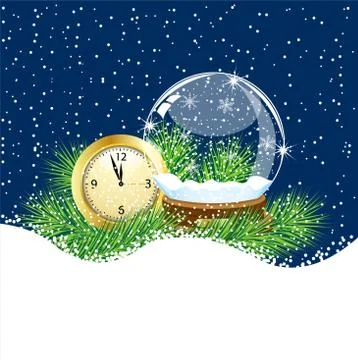 Glass ball and clock with the branches of fir-tree on to snow Stock Illustration