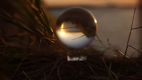 Glass ball in the rays of sunset in the grass dramatically waving by the wind Video stock 113997305