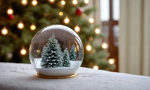 A glass ball with three trees inside of it sits on a white surface Illustrazione stock