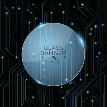 A glass banner on the background of a computer board with luminous neon conne Stock Illustration