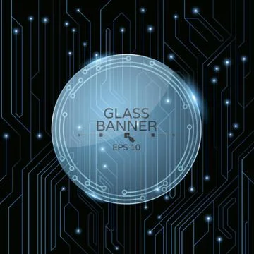 A glass banner on the background of a computer board with luminous neon conne Stock Illustration