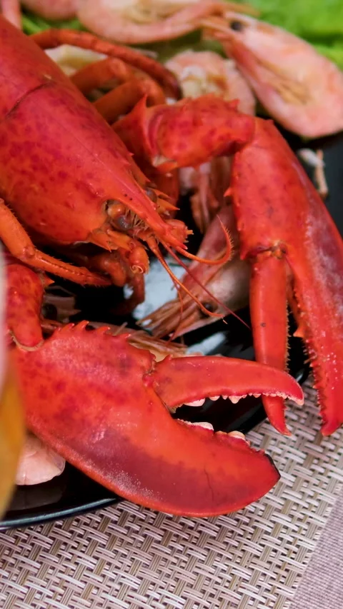 Glass of beer big cooked red lobster on crushed ice with lemon, lime on the side Stock Footage 302174080