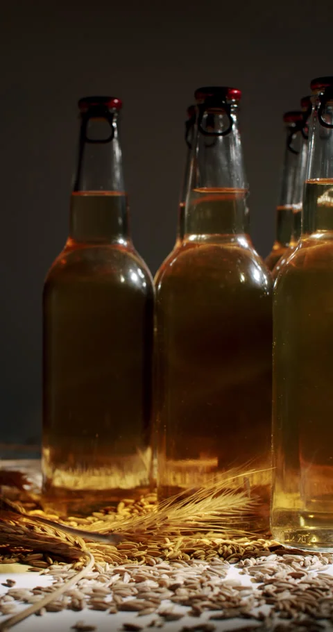 Glass beer bottles surrounded by malted barley Stock Footage 342738467