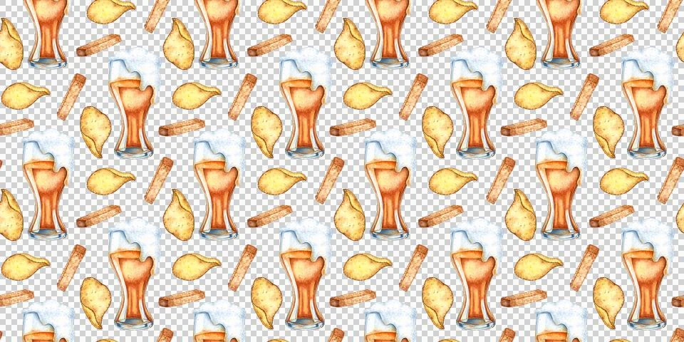 Glass of beer chips crackers pattern in watercolor Stock Illustration