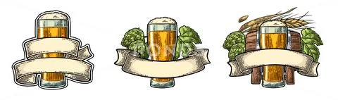 Glass beer with ribbon, barrel, and hop branch. Stock Illustration