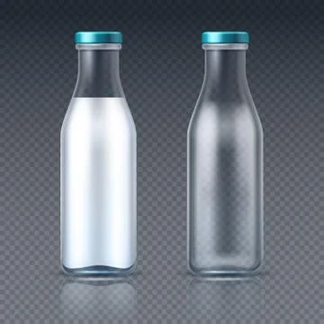 Glass beverage bottles empty and with milk. Dairy product packaging isolated Stock Illustration