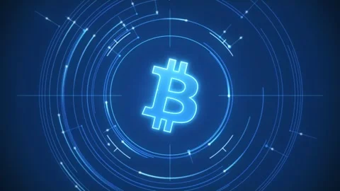 Glass bitcoin mark concentric data rings crosshair reticle cobalt fintech in Vidéo 343253924