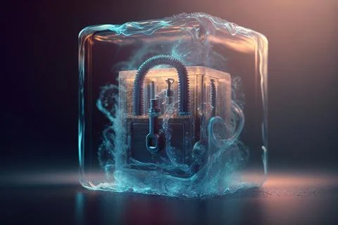A glass block with a lock inside of it on a table with a black background h.. Stock-Illustration