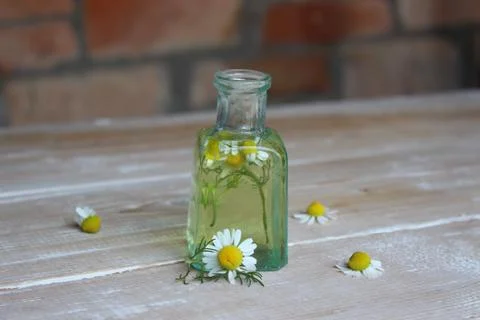 Glass bottle with chamomile tincture Stock Photos