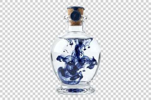 Glass bottle containing blue ink swirls isolated on transparent background .. Stock Illustration
