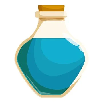 Glass bottle containing glowing magic potion with cork lid Stock Illustration