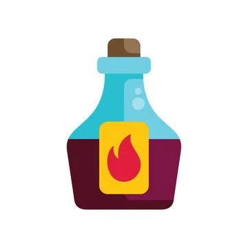 Glass bottle containing red potion with fire warning label Stock Illustration