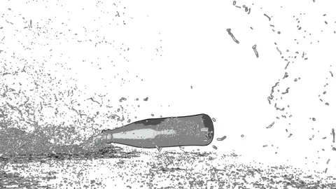 Glass Bottle Filling up with grey fluid and splashing down spectacular Stock Footage
