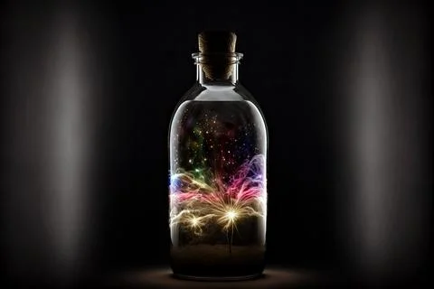 A glass bottle with firework inside, ai generated Stock Illustration