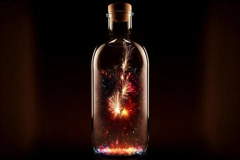 A glass bottle with firework inside, ai generated Stock Illustration