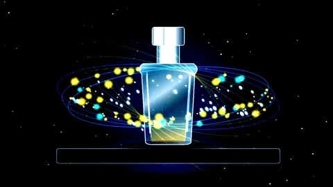 Glass bottle with glowing particles in dark space during product launch Stock Footage 345602331