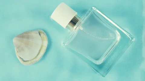 A glass bottle of perfume and a seashell on a background of blue water Stock Footage 219964539