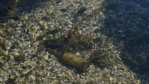 Glass Bottle pollution of the River Bottom and Other Plastic Debris in Sea Stock Footage 131160406