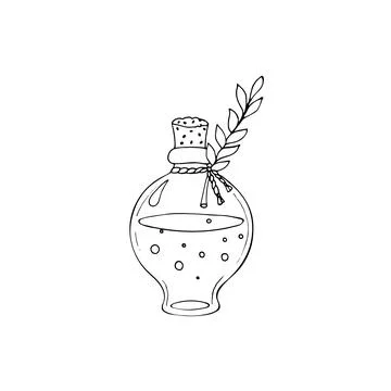 .Glass bottle with potion, magic elixir. Hand drawn Illustration for witche.. Stock Illustration