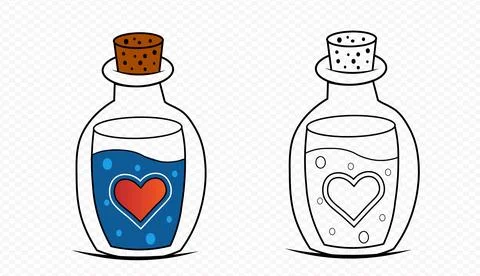 Glass bottle with potion with outlined both bottles heart Stock Illustration