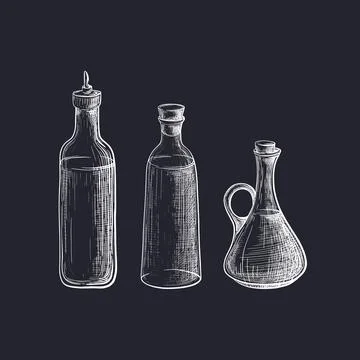 Glass bottle. Vector hand drawn set. Bio olive oil Stock Illustration