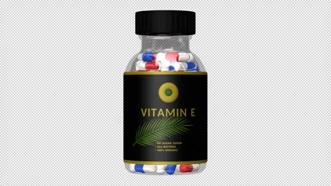 Glass bottle of Vitamin E capsules, Pills, Alpha Channel, Looped, Black Label Stock Footage 271560150