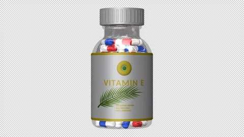 Glass bottle of Vitamin E capsules, Pills, Alpha Channel, Looped, White Label Stock Footage 271561125