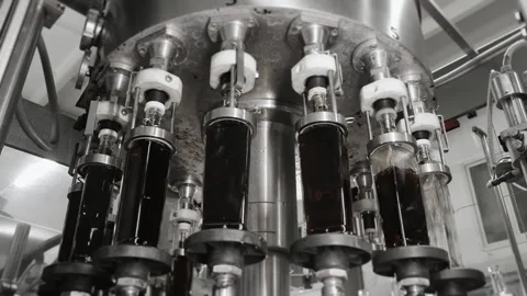 Glass bottles are automatically filled with liquid. Stock Footage 284432845