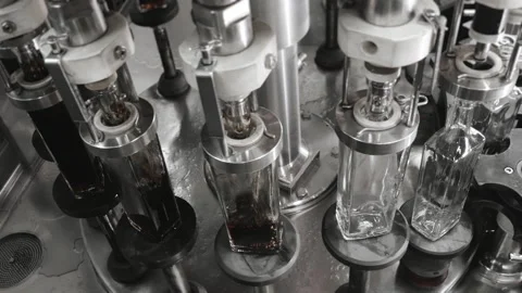 Glass bottles are automatically filled with liquid. Stock Footage 284497187