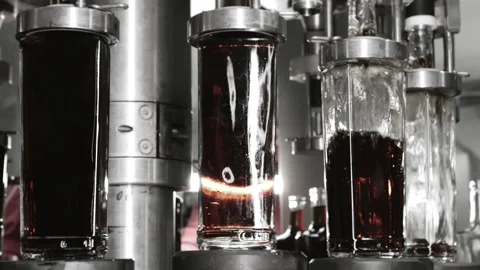 Glass bottles are automatically filled with liquid. Video stock 284639014