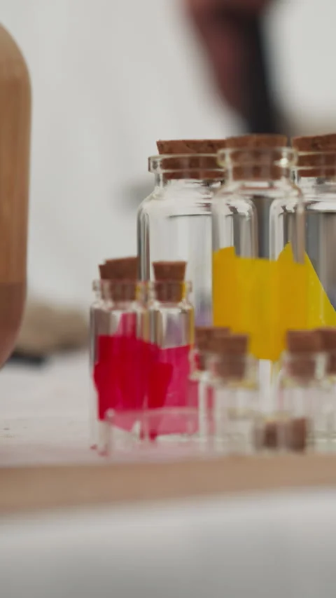 Glass bottles of different sizes with corks stand on table Stock Footage 293021227