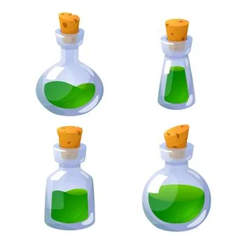Glass bottles with green potion, set of game icons, vector on white 스톡 일러스트