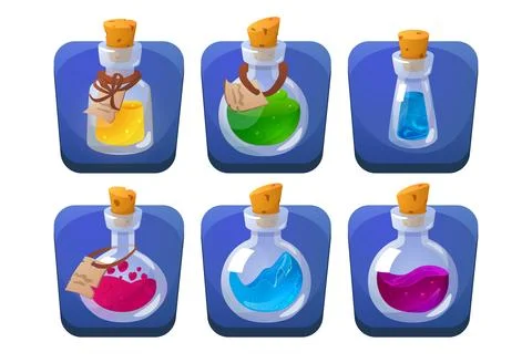 Glass bottles with potion, set of different game icons, vector on white Stock Illustration
