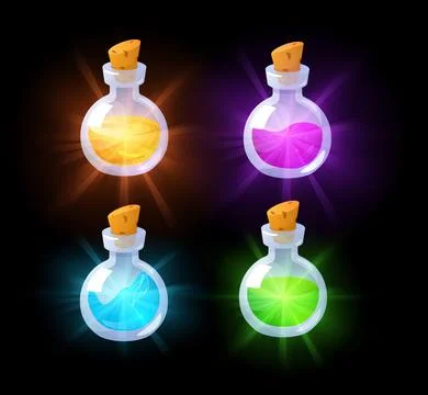 Glass bottles with potion, set of different game icons, vector on black Ilustração Stock