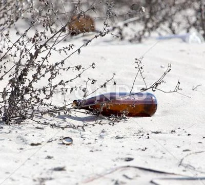 Glass Bottles In The Sand On Nature. Trash