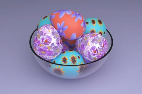 Glass bowl with Easter eggs. 3D render. Stock Illustration