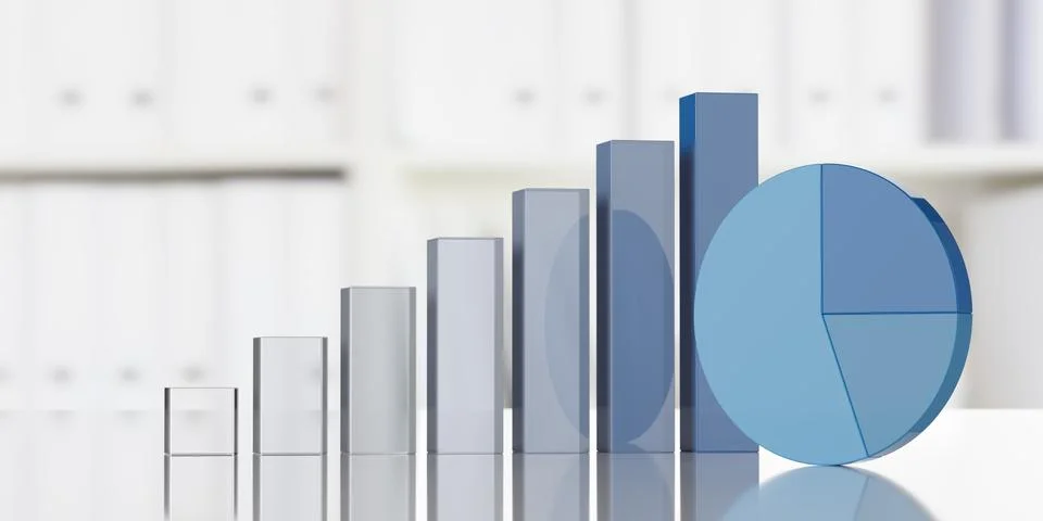 Glass boxes bar graph and pie chart standing on table over office wall back.. イラスト素材