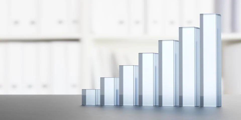 Glass boxes bar graph on table over office wall background with copy space,.. Stockillustratie