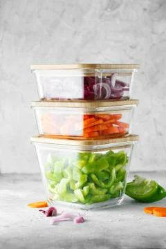 Glass boxes with fresh raw vegetables. Healthy Meal Prep - recipe preparation 写真素材