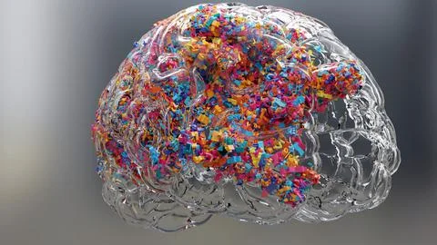 Glass brain and math formulas, math and technology concept digitally generated. Illustrazione stock