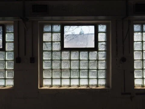 Glass bricks blocks with bubble pattern in window architecture detail Stock Photos