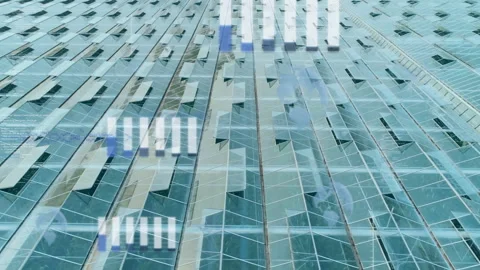 Glass building facade featuring angled windows, showing digital bar charts, code Stock Footage 309097875