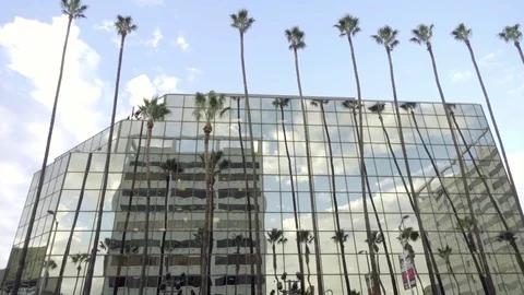 Glass building with reflections palm trees tilting down to FedEx truck LA 스톡 동영상 70546780