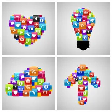 Glass Button Icon Set in Heart, Bulb, Cloud, Arrow Form . Vector Ilustración de archivo