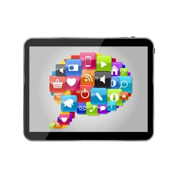 Glass Button Icon Set Speech Bubble on Tablet PC Concept . Vecto Stock Illustration