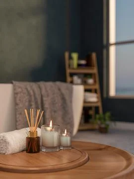 Glass candles with diffuser and towel on wooden tray over round table acros.. Stock Illustration