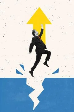Glass Ceiling Crash. Creative collage. Man in suit leaps from cracked platform Stock Photos