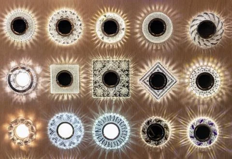 Glass ceiling lights with halogen and LED lighting. Stock Photos