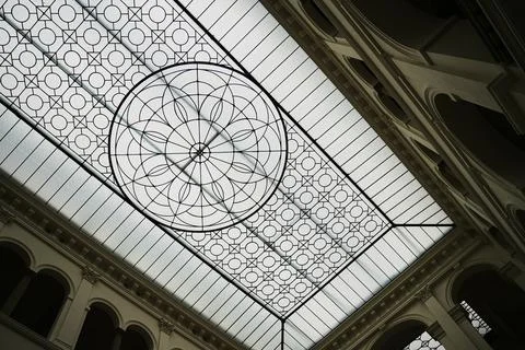 Glass ceiling with ornamental pattern in classic building 스톡 사진