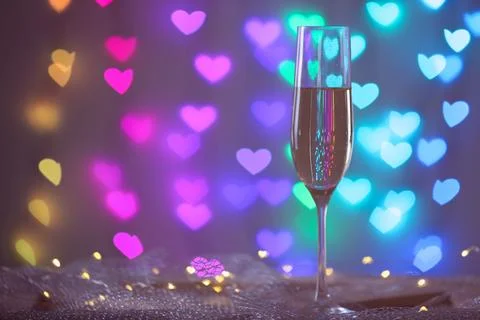 Glass of champagne on mesh fabric against blurred lights, space for text. Bok Stock Photos